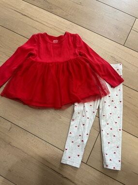 Red Tulle Peplum Top & Heart Print Leggings Set